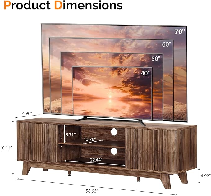 VINGLI 58.6" TV Stand up for 70 Inch TV, Mid Century Entertainment Center - Image 3
