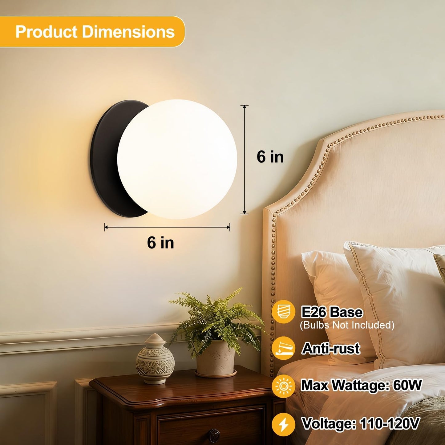 2 Pack Modern Matte Black Wall Light Fixtures, Mid-Century Globe Glass Wall Sconces Set of Two for Bathroom Mirror, Living Room, Hallway, Entryway (Bulbs Not Included)