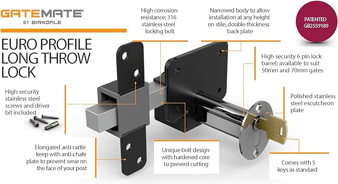 GateMate Long Throw Gate Lock 1490096, Euro Profile Keyed Both Sides Gate Lock - Image 6
