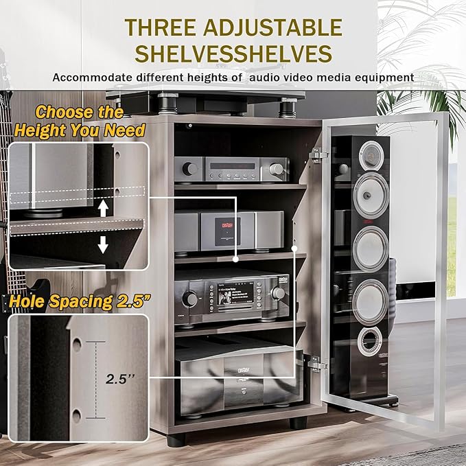 Media Storage Cabinet with Tempered Glass Door, 3 Adjustable Shelves Stereo - Image 4