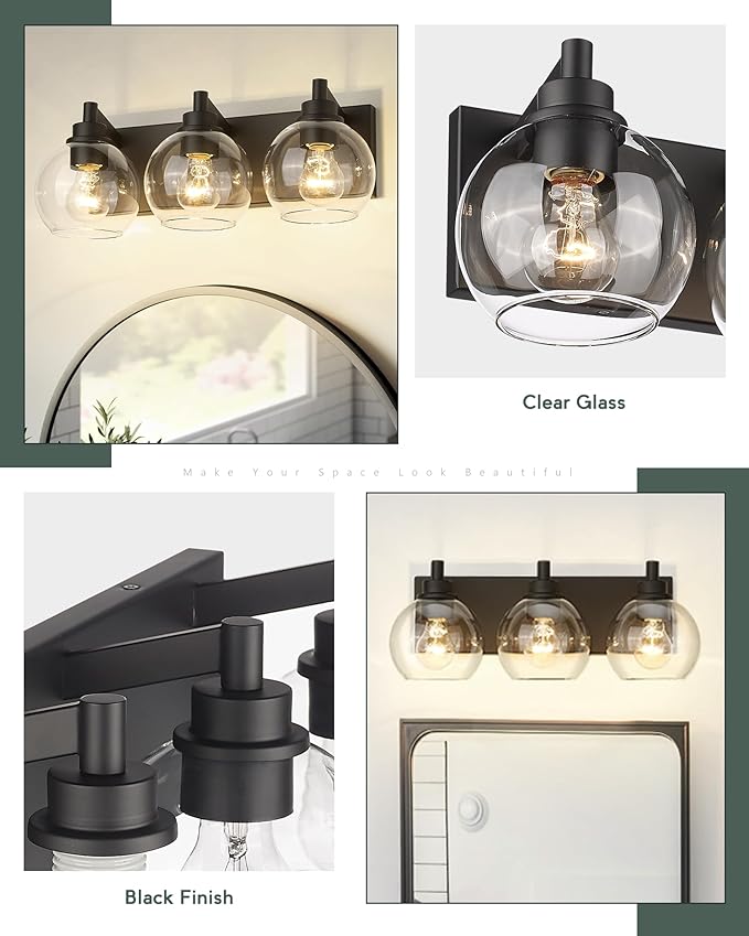 METWET Bathroom Light Fixtures, 3-Light Matte Black Vanity Light, Modern Wall - Image 4