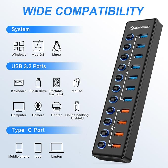 Powered USB Hub, MENKSID 11-Port USB Hub, 7 USB 3.2 Data Transfer Ports + 4 - Image 4