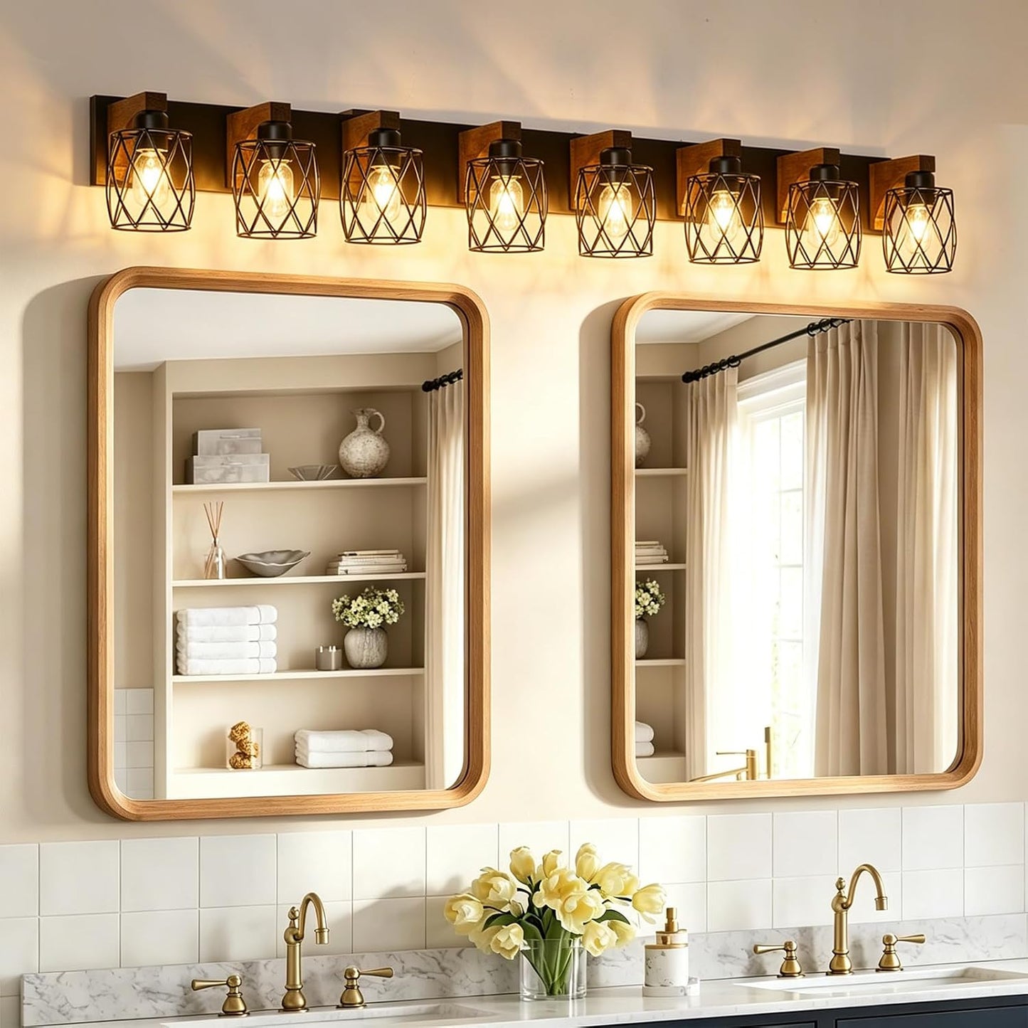 RVONOW 8-Light Farmhouse Bathroom Light Fixtures with Metal Shade | Rustic Bathroom Vanity Light with E26 Base for Bedroom Living Room Hallway, Black