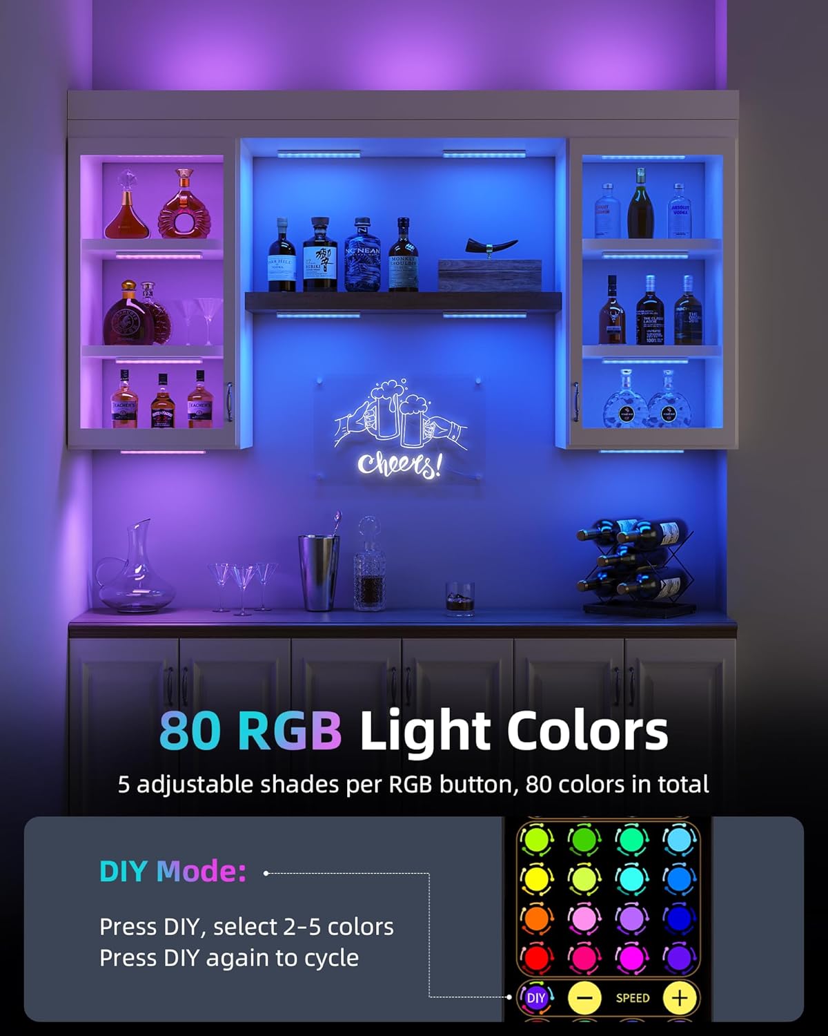 EZVALO 80RGB Color Changing Under Cabinet Lighting Wireless, 1800mAh Rechargeable Led Strip Shelf Lights, Timer & Dimmable Bar Light with Remote for Kitchen, Bedroom, Display Case, Car, 6Pack