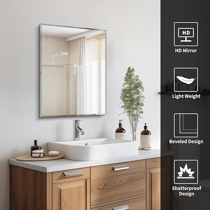CILIBER 18x24 Beveled Mirror, Frameless Beveled Bathroom Mirrors - Image 5