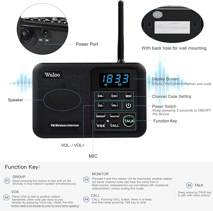 Wuloo Intercoms Wireless for Home 1 Mile Range 22 Channel 100 Digital Code - Image 5