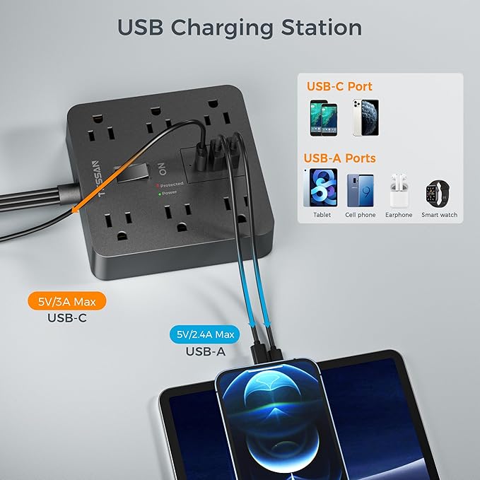 TESSAN Black Surge Protector Power Strip 10 ft Cord, Flat Plug Extension Cord - Image 5