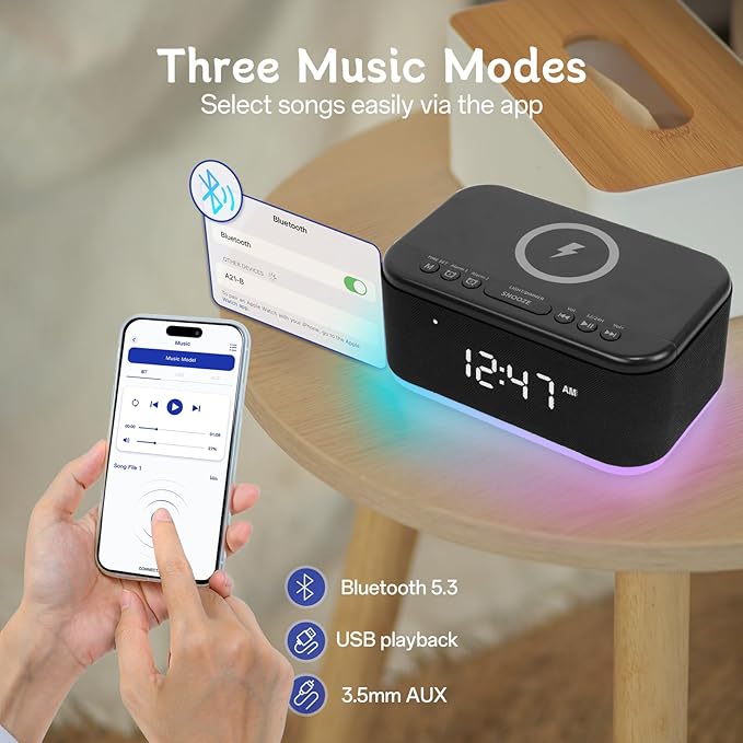 Bluetooth Alarm Clock Radio Bedroom, Digital Dual Alarm Clock Bedroom, Matte - Image 5