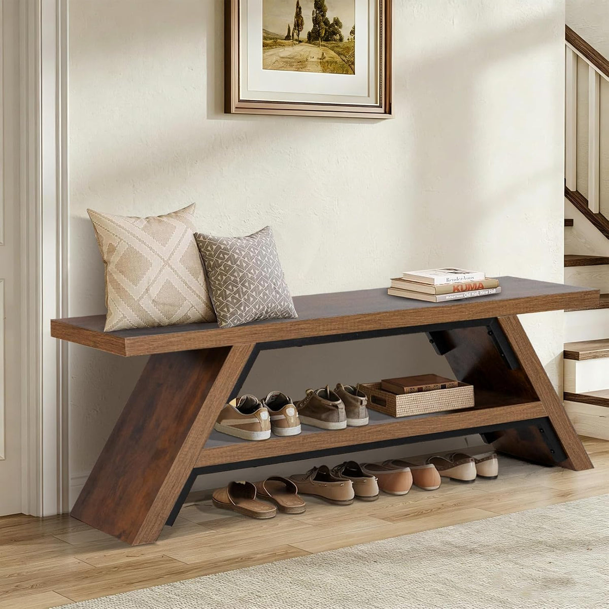 2-tier shoe storage bench, 55" large solid wood, main product view