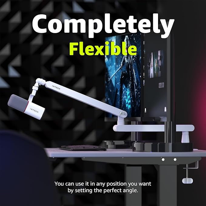 IXTECH White Microphone Boom Arm Stand Low Profile Boom Arm Adjustable Mic Stand - Image 3