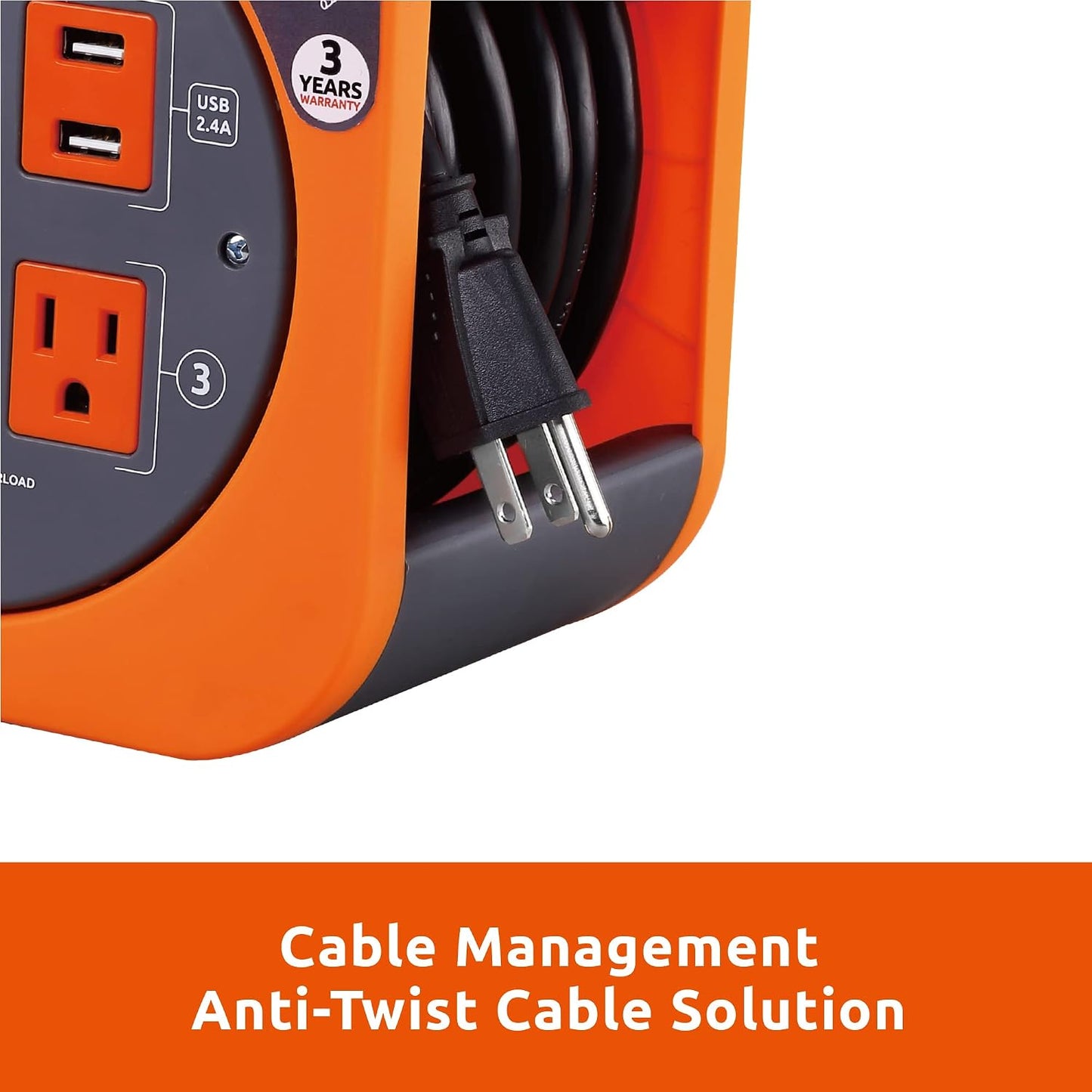 Link2Home 25 Ft. Extension Cord Reel, 4 Outlets, 2 USB Ports | 16 AWG SJT cable, 2.4A fast-charge USB, compact storage reel design