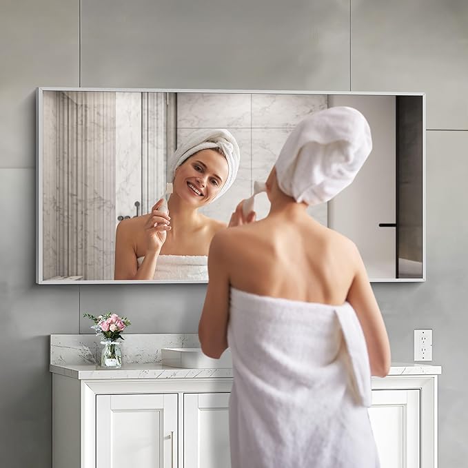 48x24In Silver Bathroom Mirror for Wall, Brushed Nickel Rectangle Mirrors - Image 3
