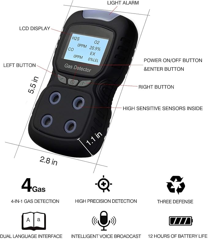 Vzmcov 4 in 1 Gas Detector, Rechargeable Portable 4 in 1 Gas Clip 4-Gas Monitor - Image 3