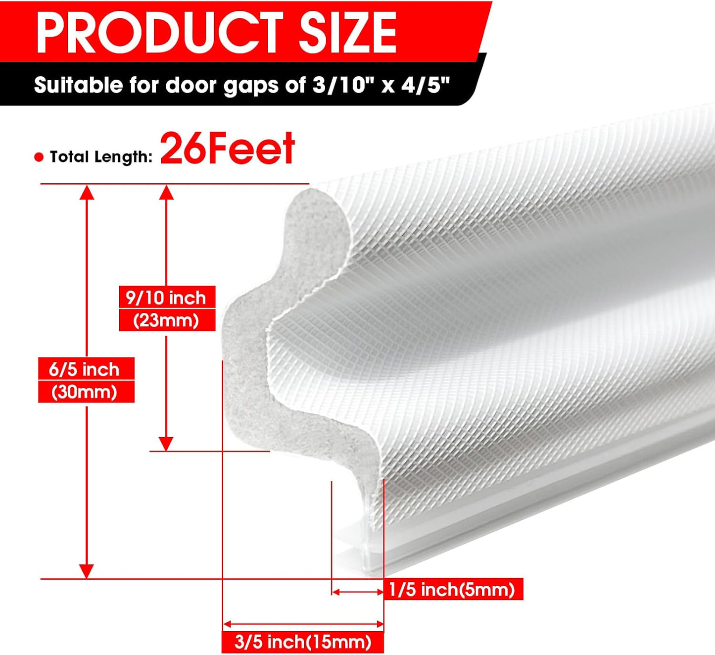 Extra Wide Kerf Door Weatherstripping for Door Frame Seal,New Upgrape V-Shaped Front Door Weather Stripping,Thicken Exterior Door Weatherstrip for Large Gap,White Soundproof Insulation Strip 26Ft