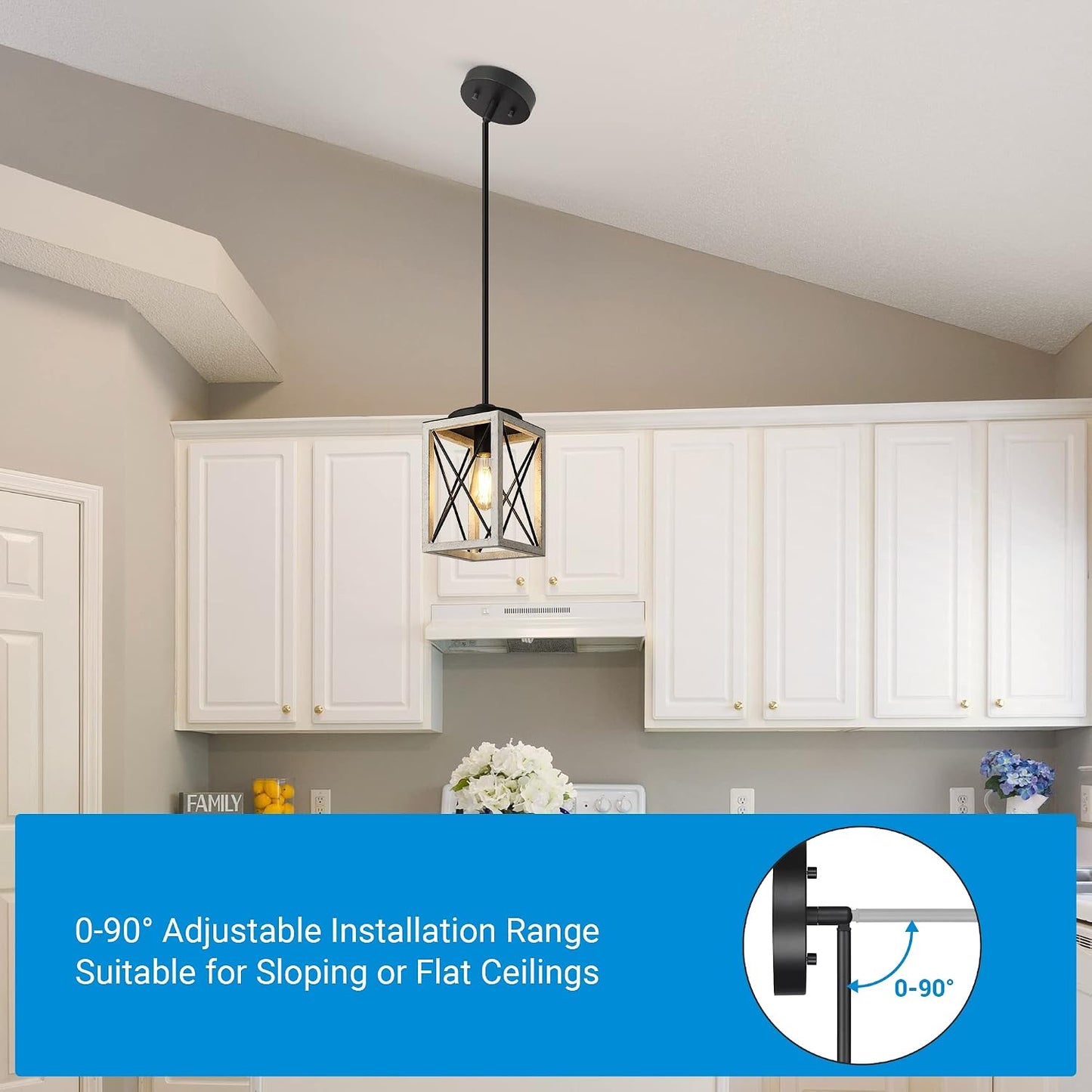 DEWENWILS Pendant Light, Metal Pendant Light Fixtures with Wooden Grain Finish, 48" Adjustable Pipes for Flat and Slop Ceiling, Hanging Ceiling Lamp for Kitchen, Living Room, Bedroom, E26 Base