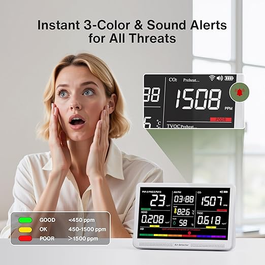 bonoch 16 in 1 Air Quality Monitor Indoor 7" Display 9 AQI+7 AQI Alerts - Image 4