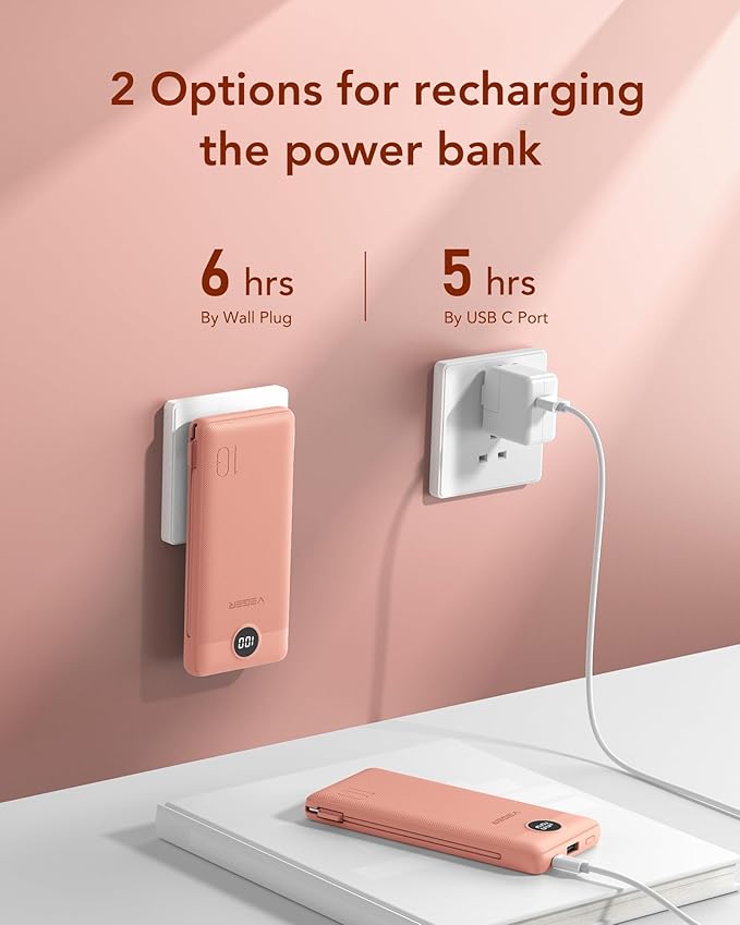 VEGER Portable Charger for iPhone Built in Cables and Wall Plug, 10000mah Slim - Image 4