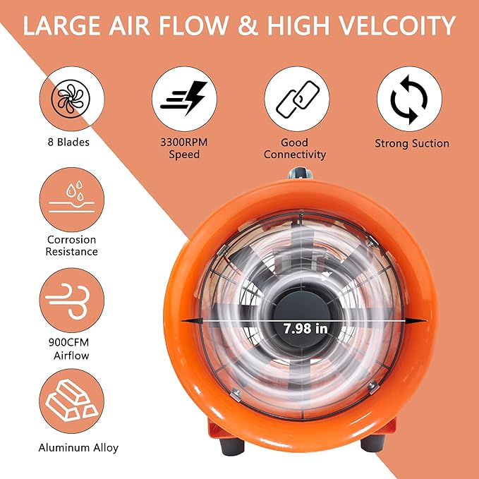 FICBXRA Utility Blower Fan 8 Inch Portable Axial Exhaust Fan 230W/2A 900CFM - Image 2