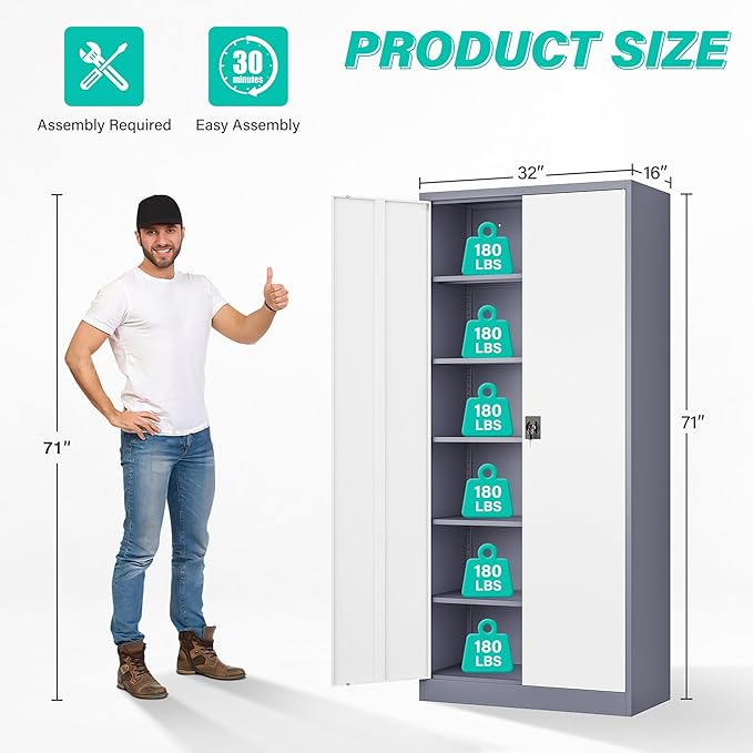 SISESOL Storage Cabinet with Doors and Shelves, Steel Lockers - Image 2