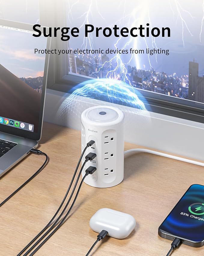 AnnTane Power Strip Tower with Night Light, 15W Surge Protector Power Strip - Image 7