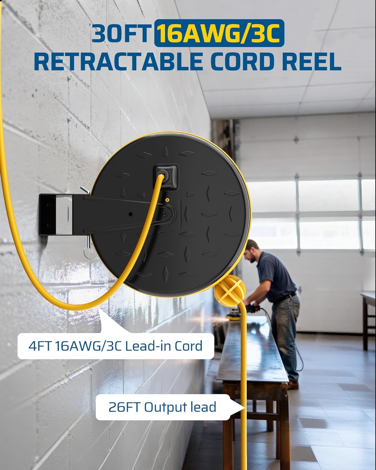 DEWENWILS Retractable Extension Cord Reel, Metal Reel with 30FT Power Cord | Ceiling or Wall Mount, 16/3 Gauge SJTW, 3 Electrical Outlets Pigtail for Garage and Shop, 10 Amp Circuit Breaker, UL Listed