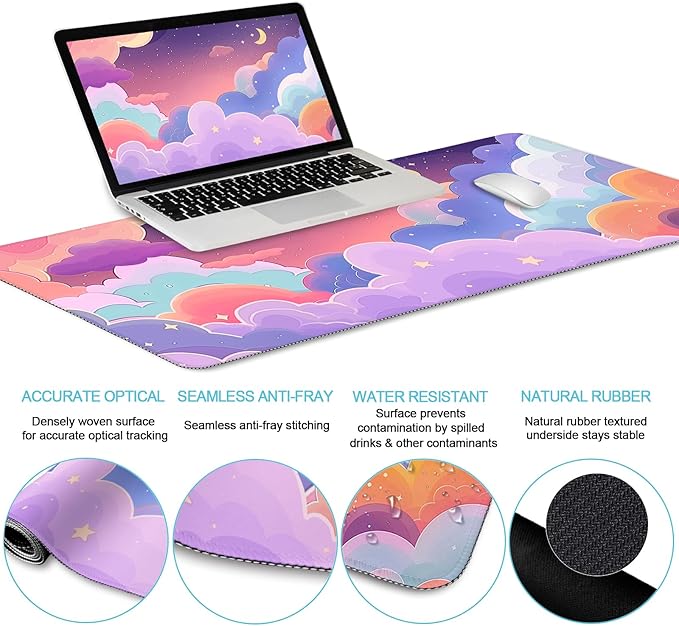 LIMKRIAN Purple Mouse Pad Large Desk Mat Set, Kawaii Clouds Ergonomic Mouse Pad - Image 4