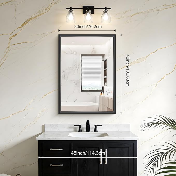 Bathroom Mirror, 42 x 30 Inch Brushed Black Rectangle Mirror, 0.6" Thickened - Image 2