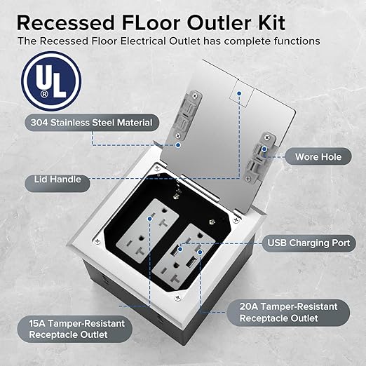 Vagueior Recessed Flat Hidden Floor Electrical Outlet Box Kit, Stainless Steel - Image 2