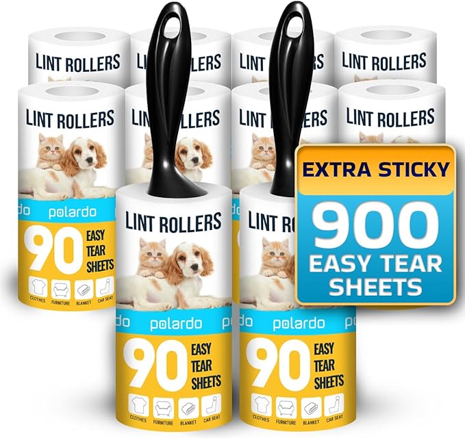 Lint Rollers 2 pcs, 900 Sticky Sheets, Extra 8 Spare Rollers/Hair Remover by Polardo