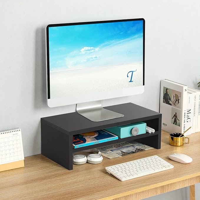 TEAMIX 2 Tiers Wooden Desktop Monitor Stand Riser 20 Inch Printer Stand - Image 2