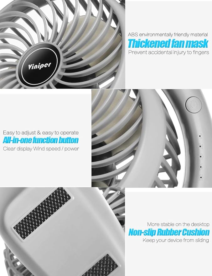 Viniper Portable Rechargeable Fan, Small Desk Fan : 3 Speeds & about 8-24 Hours - Image 3