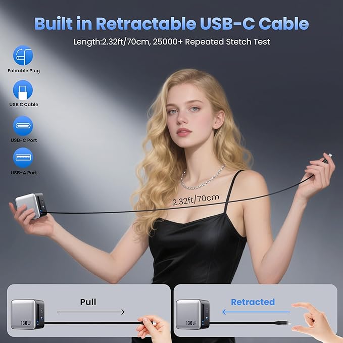 130W USB C Wall Charger, GaN III 3-Port Fast Charging Station, PD QC Foldable - Image 2
