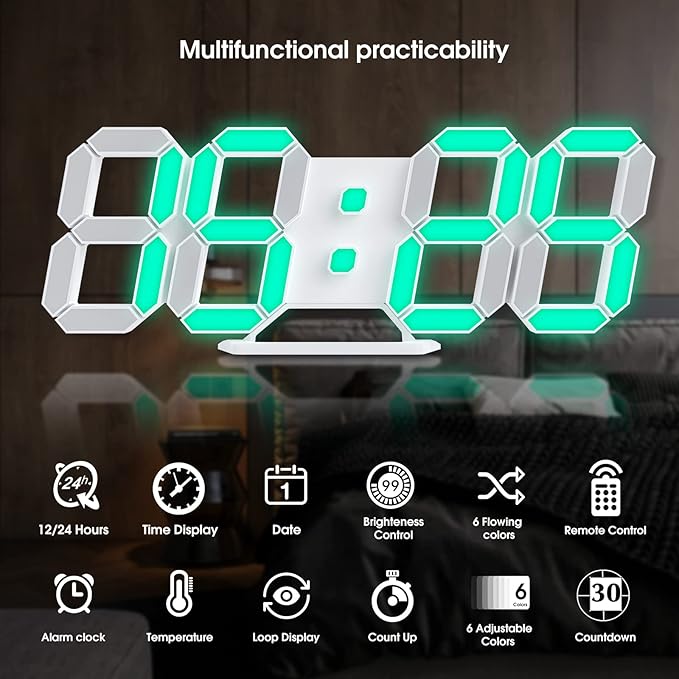 EDUP HOME 3D LED Neon Digital Desk Wall Alarm Clock RGB Night Light 7 Colors - Image 3