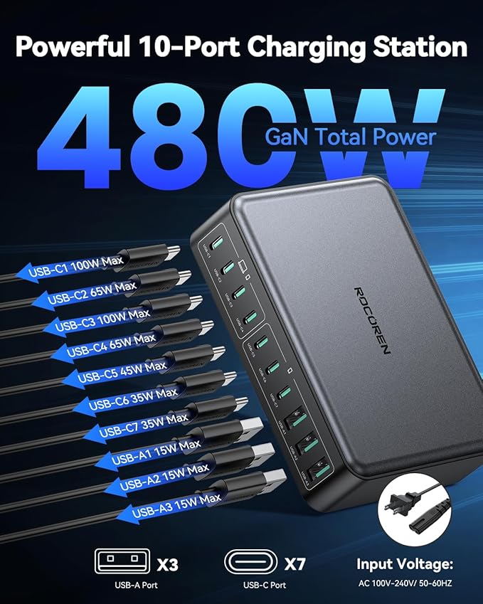 480W USB C Charger Block, Rocoren 10-Ports USB C Charging Station - Image 2