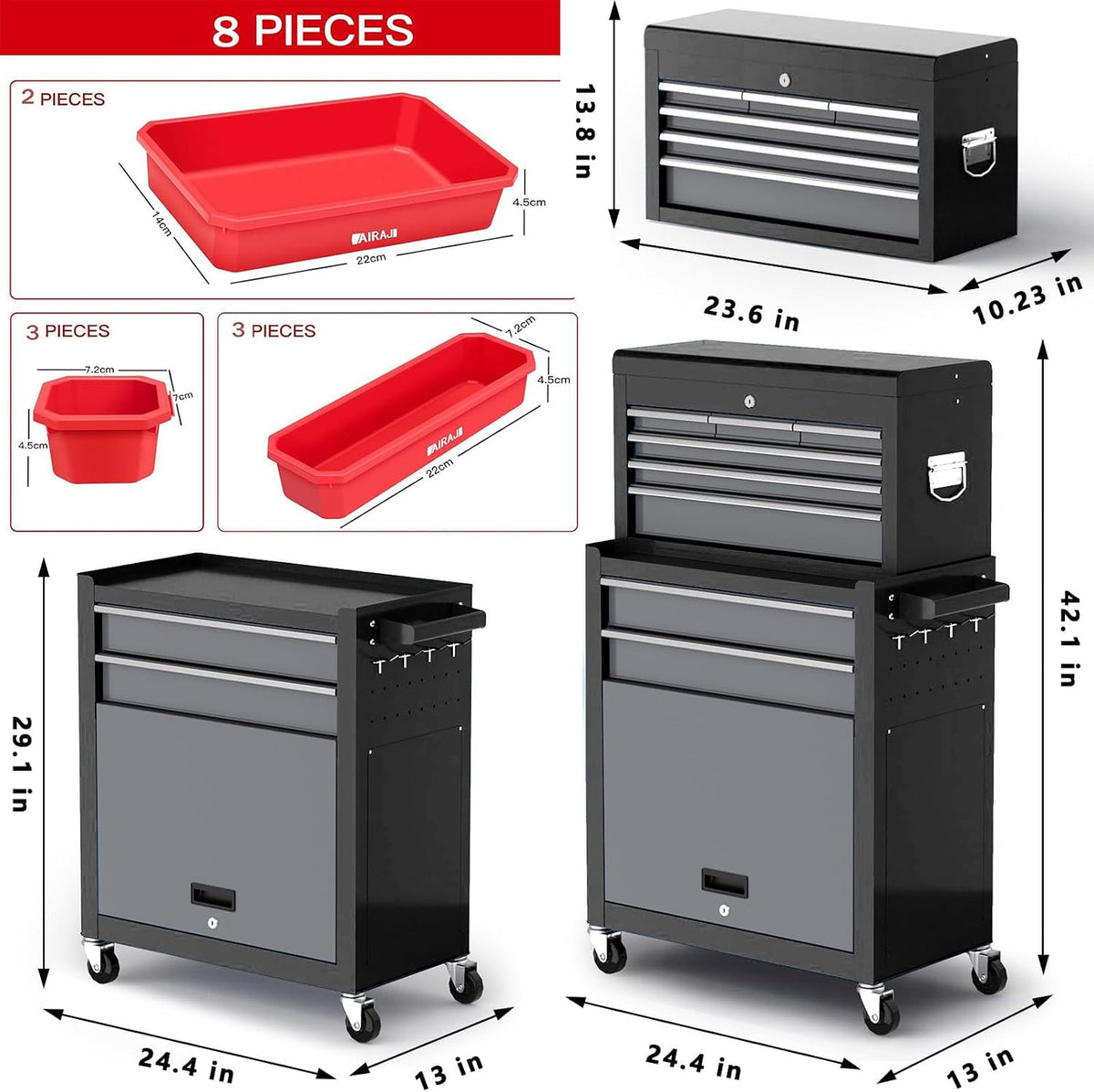 airaj tool chest 8-drawers, 42'' large rolling tool showing dimensions