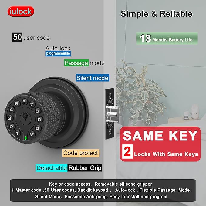 iulock Smart Door Knob with Keypad and Key, Keyless Entry Door Lock with Rubber - Image 2