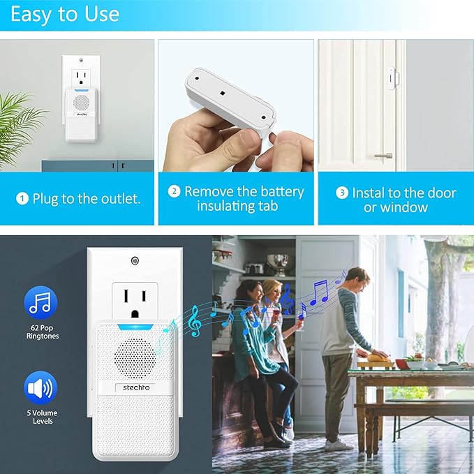 Door Chime, Wireless 600Ft Range 5 Levels Adjustable Volume Magnetic Door Open - Image 6