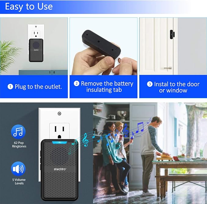 STECHRO Wireless Door Chime, 600Ft Range 5 Adjustable Volume 1 Magnetic Door - Image 5