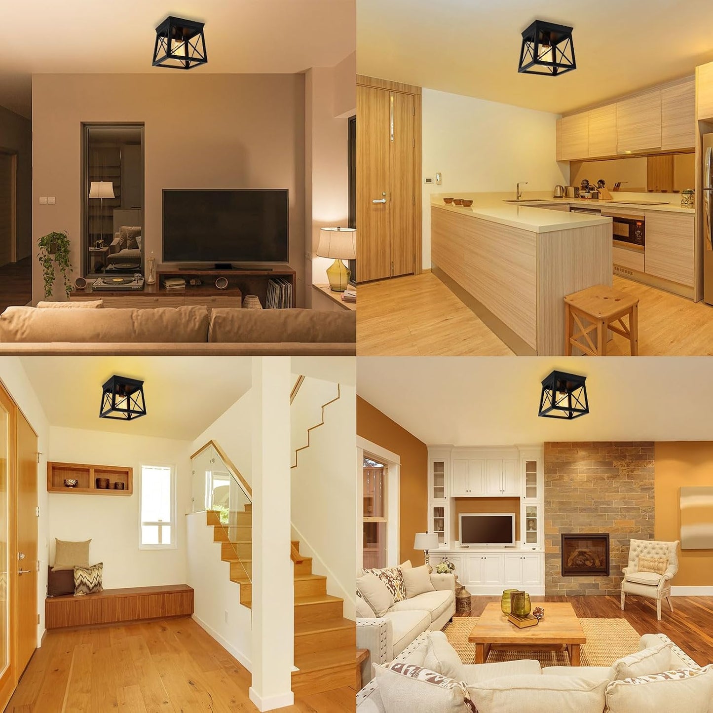 1 Light Black Industrial Flush Mount Ceiling Light Fixture - Square Farmhouse Caged Ceiling Light for Closet Kitchen Hallway Porch, E26, Dimmable