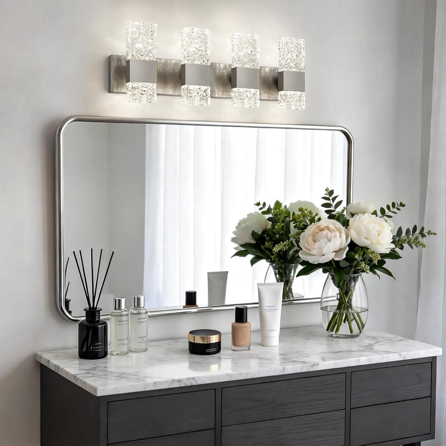 Epinl Brushed Nickel 4-Light Bathroom Vanity Lights, 4000K Modern Bathroom Lighting Fixtures Over Mirror, 28" LED Crystal Bathroom Light Fixtures Hardwired Wall Sconces for Bathroom Living Room