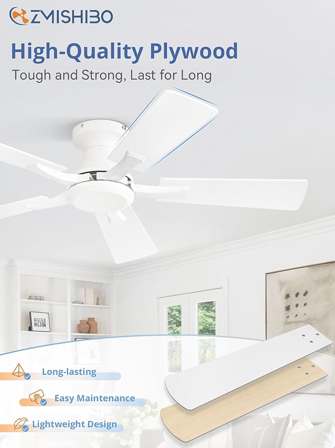 ZMISHIBO 42 Inch Ceiling Fan No Light, Flush Mount Low Profile, Modern White - Image 6