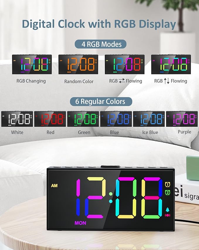 RGB Digital Alarm Clock for Bedroom, Dual Alarms, Weekday/Weekend/Everyday Mode - Image 2