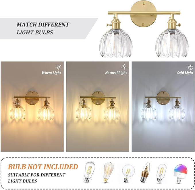 Shenmoyl Bathroom Light Fixtures, 2-Light Brass Vanity Wall Light Over Mirror - Image 4