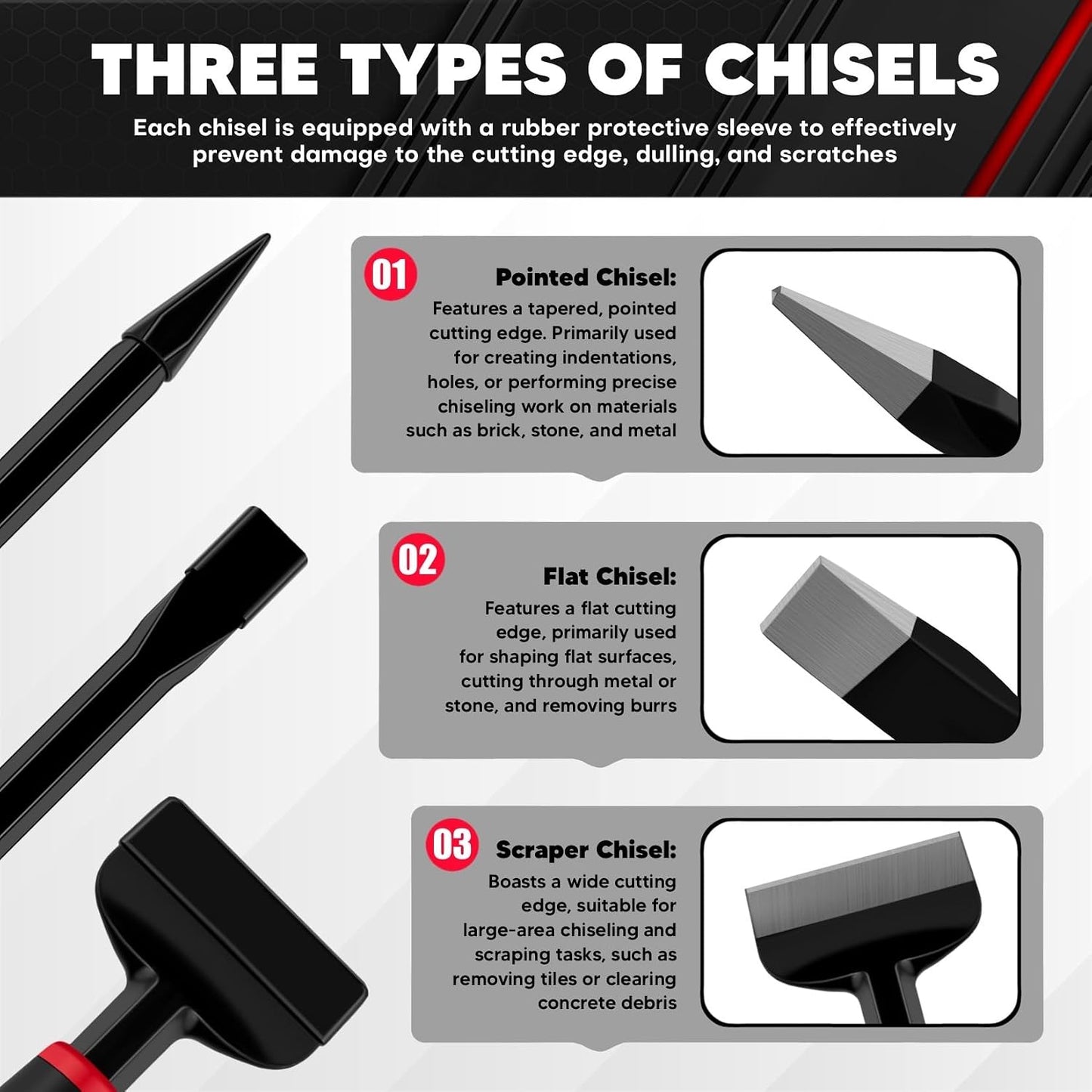 C&T 3Pcs Heavy Duty Masonry Chisel Set with Hand Guard, Stone and Rock Chisel, Rock Chisel Set, Stone and Rock Tool for Breaking, Splitting and Cutting- Professional Masonry Tools