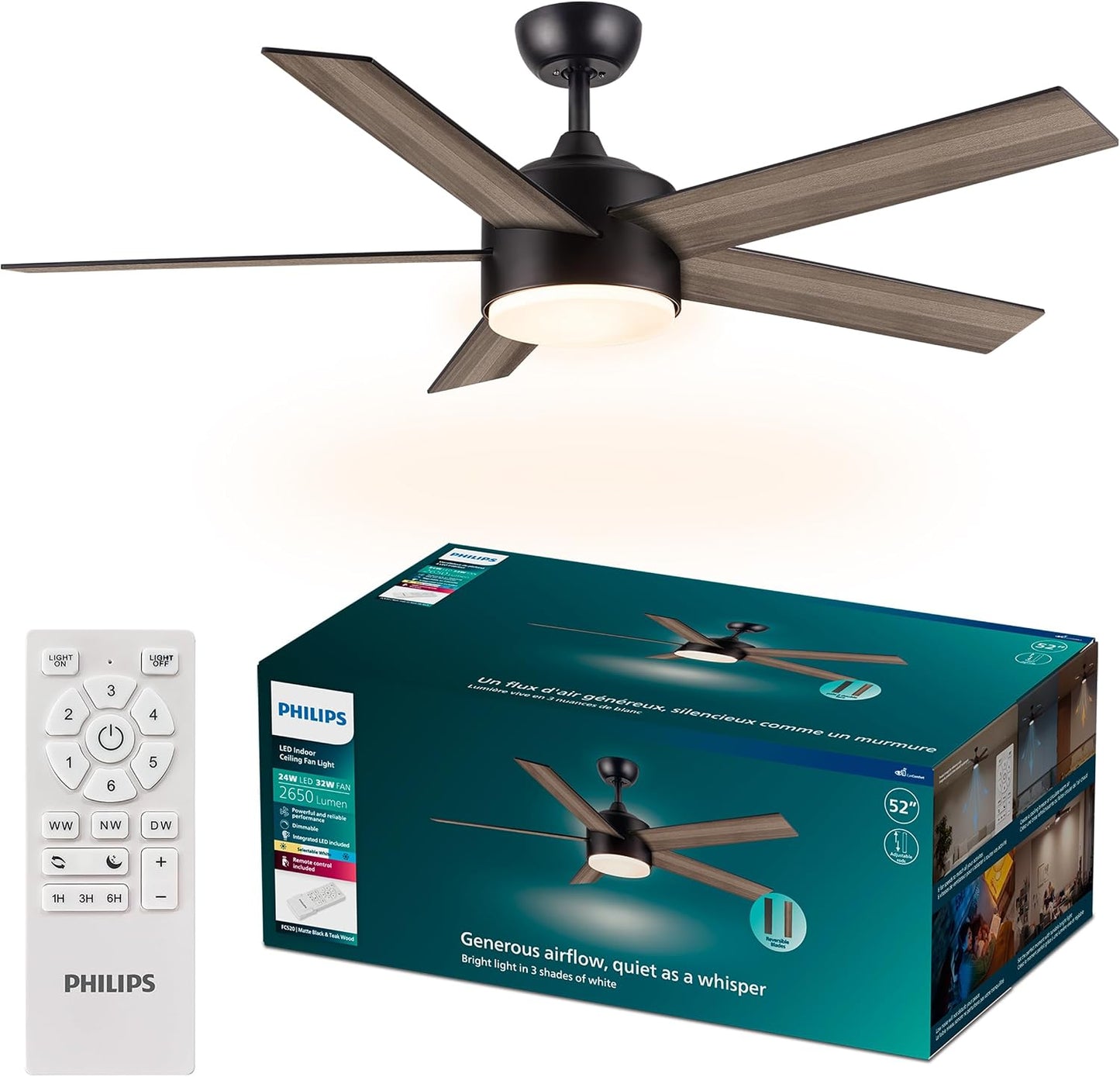 PHILIPS Indoor Ceiling Fan, Dark, with Bright LED Light, 2650 lm, 5 Blades, 5400 CFM, 6 Speeds, 2 Airflow Modes, Selectable White Light, Dimmable, Reversible Blades