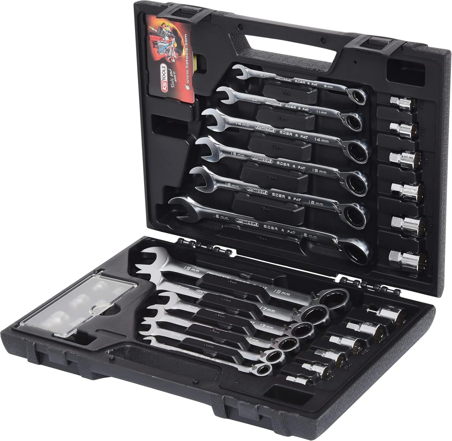 KS Tools 503.4960 GEARplus Ringstop reversing combination ratcheting spanner set, 30 pcs, with adaptors