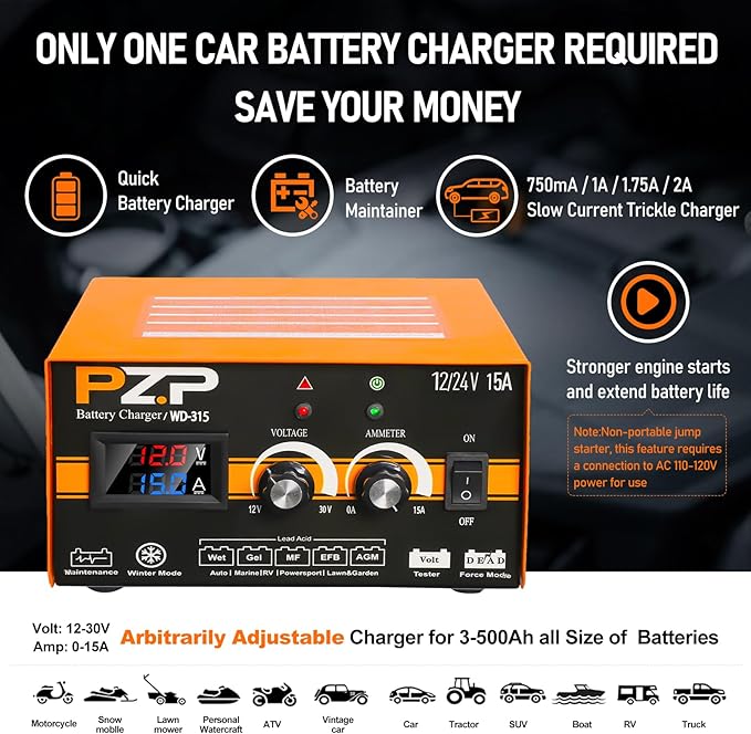 12V 24V Manual Battery Charger Maintainer, 0 to 15A Arbitrarily Adjustable Car - Image 4