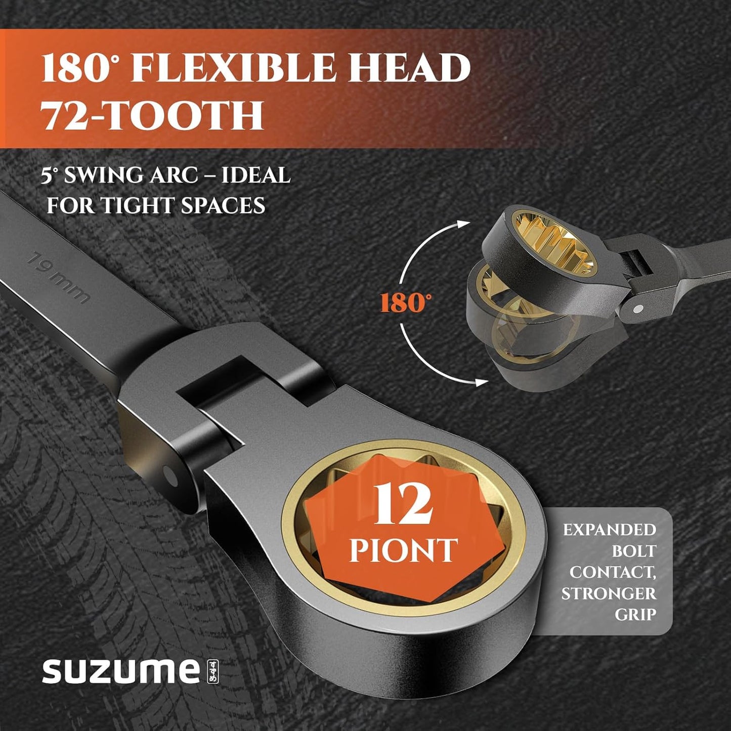 12mm Flex Head Ratcheting Wrench Metric 72 Teeth Cr-V Steel 15K+ Cycle Locked Gears with 180° Flexible Head Black Nickel Coating