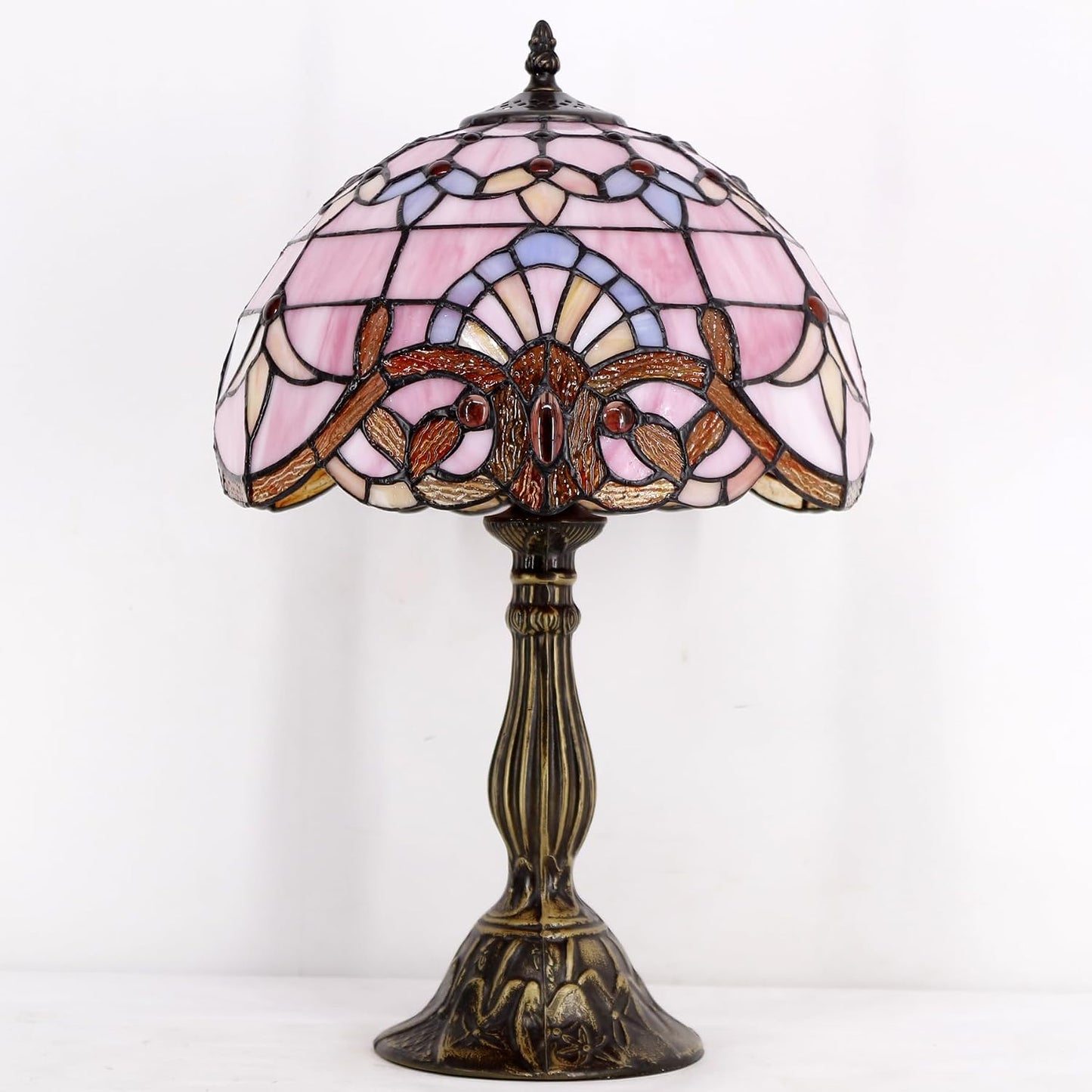 WERFACTORY Tiffany Lamp Bedside Pink Stained Glass Table Lamp 18 Inch Tall | 12X12X18 Inch Pink Baroque Style Lavender Reading Desk Light Decor Bedroom Living Room Home Office S003P Series