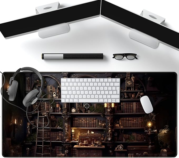 Black Vintage Gothic Desk Mat Black Dark Academia Desk Pad Medieval Bookshelf - Image 4